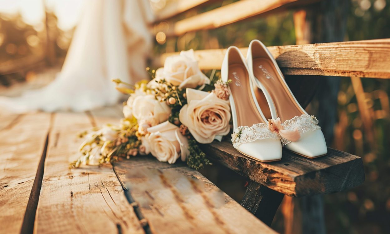 beautiful white shoes on wooden arrow with wedding text sign.