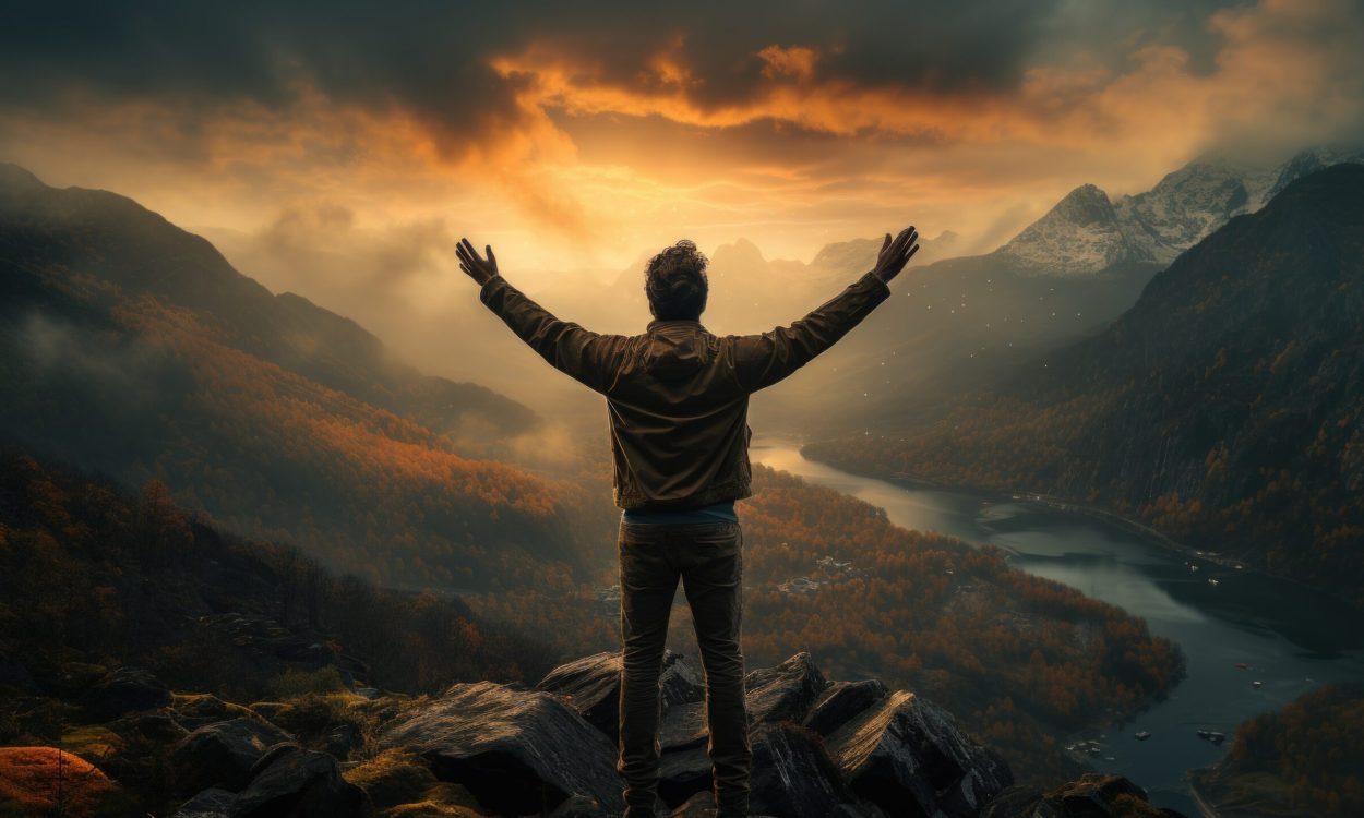 Man standing on top of the mountain and looking at the lake.